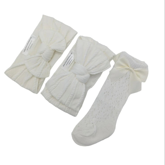 Our Pearl White Larger, Smaller Headwrap & Ivory Open Patterned Knee High Socks Set - Betty Brown Boutique Ltd
