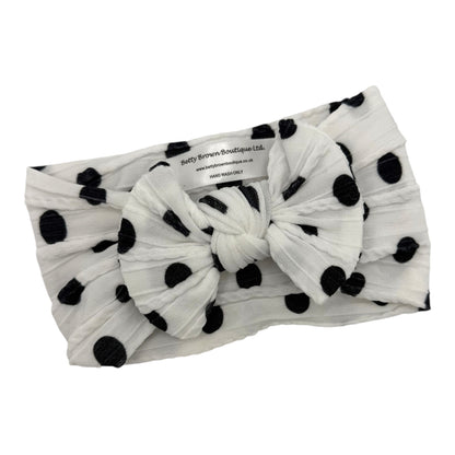 Black Polkadot Pattern Smaller Bow Cable Knit Headband