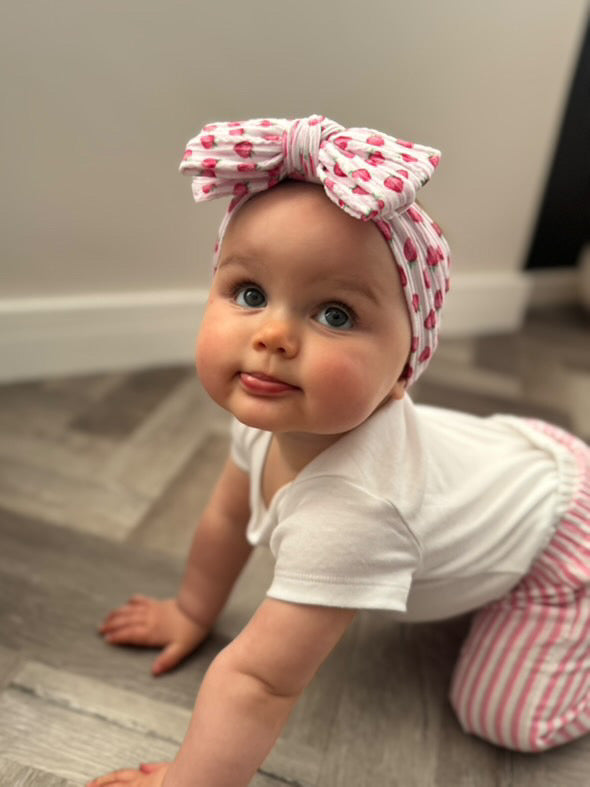 Pink Pinstripe Strawberry Print Larger Bow Cable Knit Headband