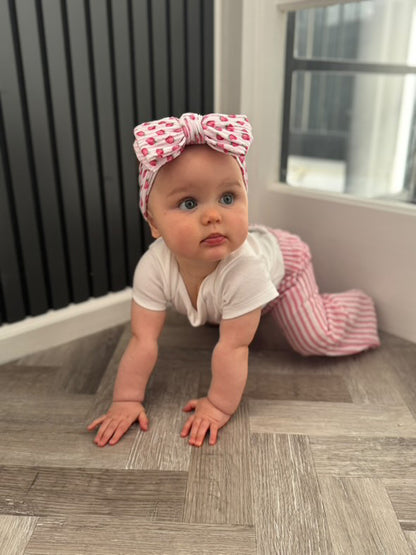 Pink Pinstripe Strawberry Print Larger Bow Cable Knit Headband