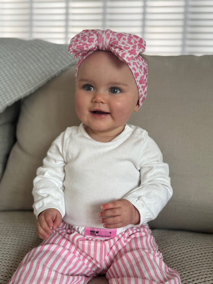 Pink Cow Print Larger Bow Cable Knit Headband