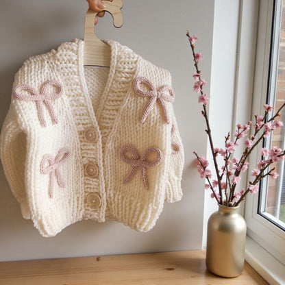Cream Handknitted Bow Patterned Cardigan