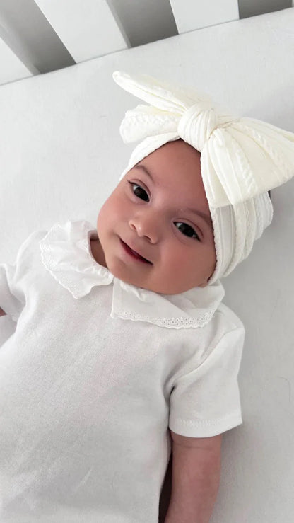 Pearl White Larger Bow Headband Designed For Newborns to Age 3 - Image 4