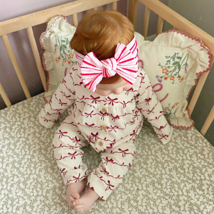 Pink and Red Pinstripe Christmas Pattern Smaller Bow Cable Knit Headband - Christmas Collection