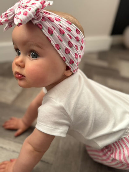 Pink Pinstripe Strawberry Print Larger Bow Cable Knit Headband