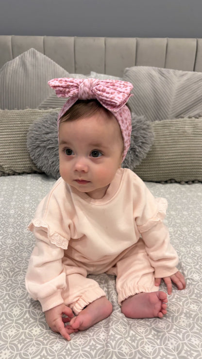 Pink Leopard Pattern Larger Bow Cable Knit Headband