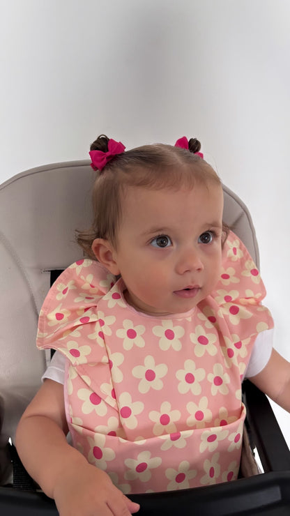 Pretty Pink Daisy Pattern Frill Detailed Waterproof Weaning Bib