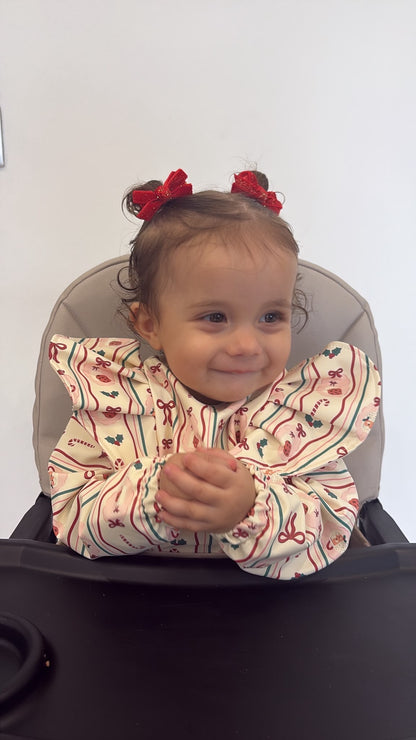 Christmas Print Frill Detailed Waterproof Weaning Bib with Sleeves - Christmas Collection