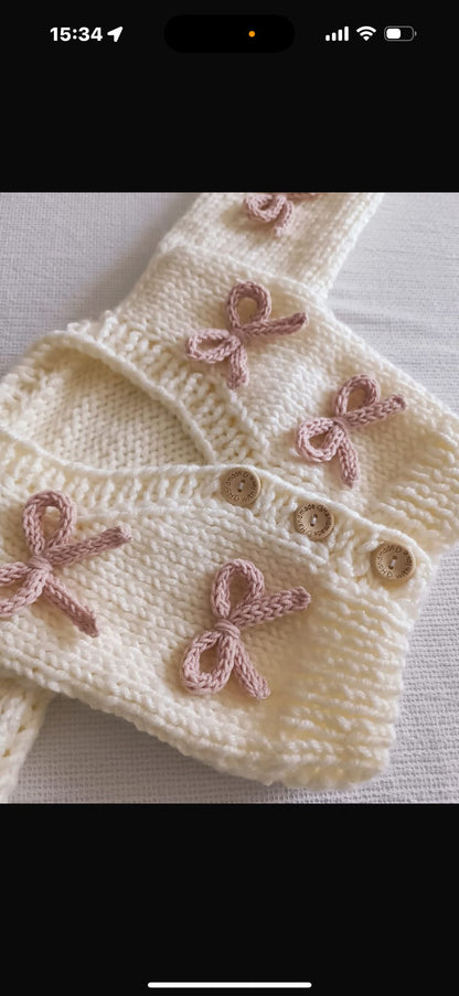 Cream Handknitted Bow Patterned Cardigan