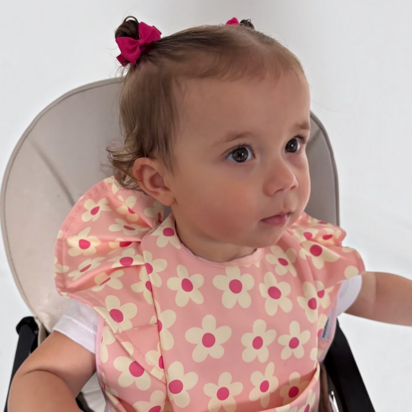 Pretty Pink Daisy Pattern Frill Detailed Waterproof Weaning Bib