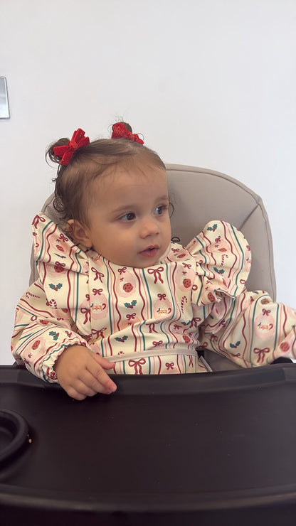 Christmas Print Frill Detailed Waterproof Weaning Bib with Sleeves - Christmas Collection