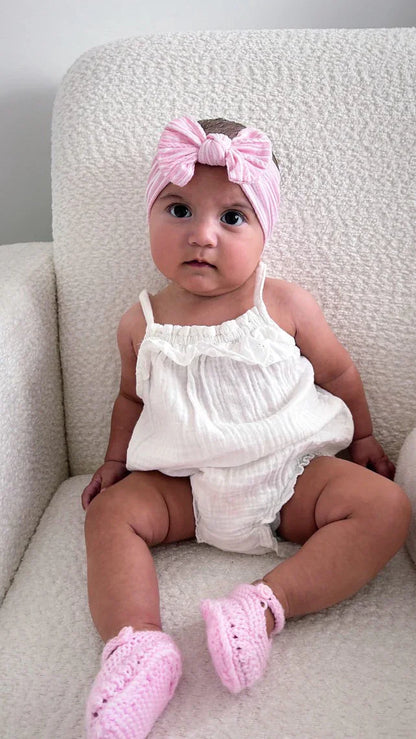 Pink Pinstripe Pattern Smaller Bow Cable Knit Headband