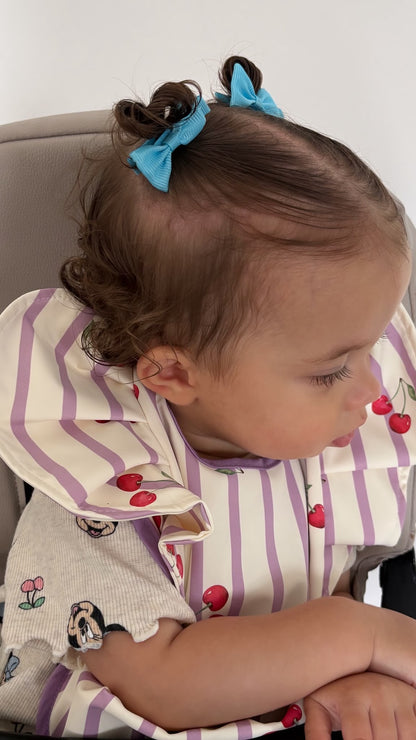 Lilac Pinstripe Cherry Pattern Frill Detailed Waterproof Weaning Bib