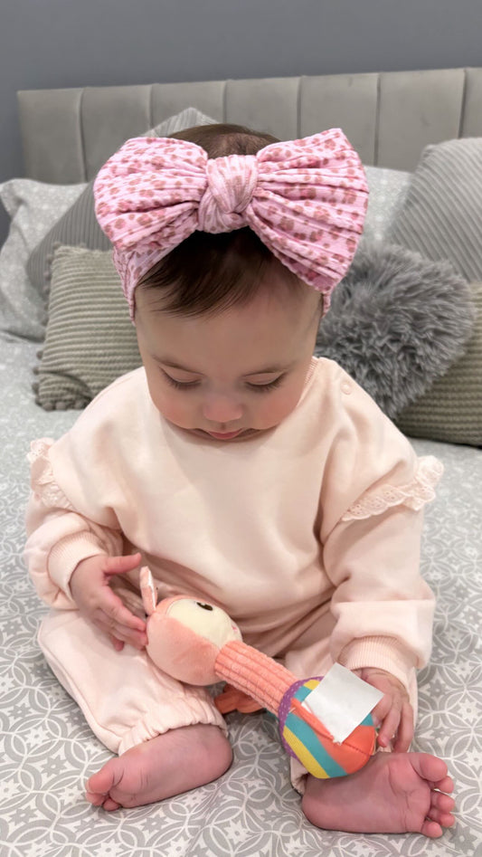 Pink Leopard Pattern Larger Bow Cable Knit Headband