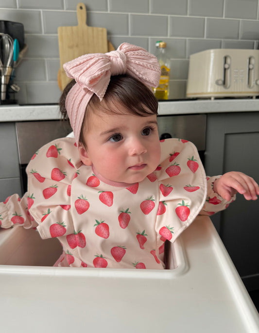 Pale Pink Strawberry Pattern Frill Detailed Waterproof Bib with Sleeves