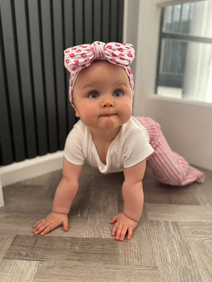 Pink Pinstripe Strawberry Print Larger Bow Cable Knit Headband