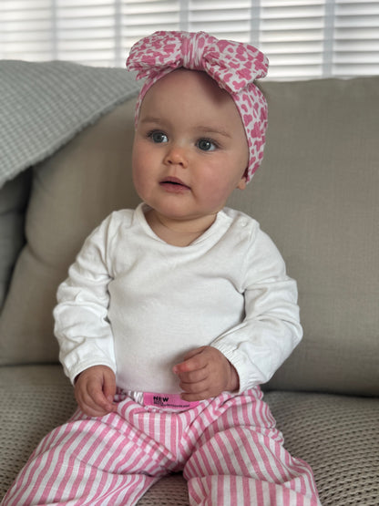 Pink Cow Print Larger Bow Cable Knit Headband