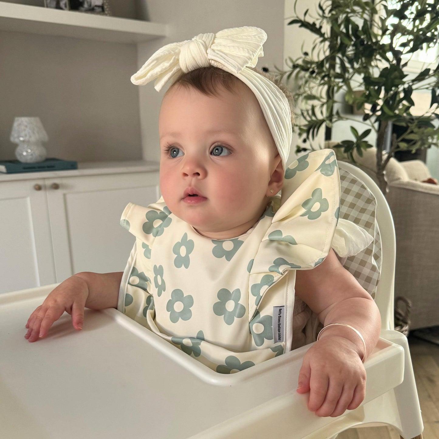 Cream and Sage Daisy Print Frill Detail Waterproof Bib