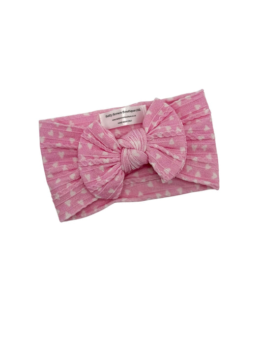 Pink Heart Pattern Smaller Bow Cable Knit Headband  - Valentines Collection