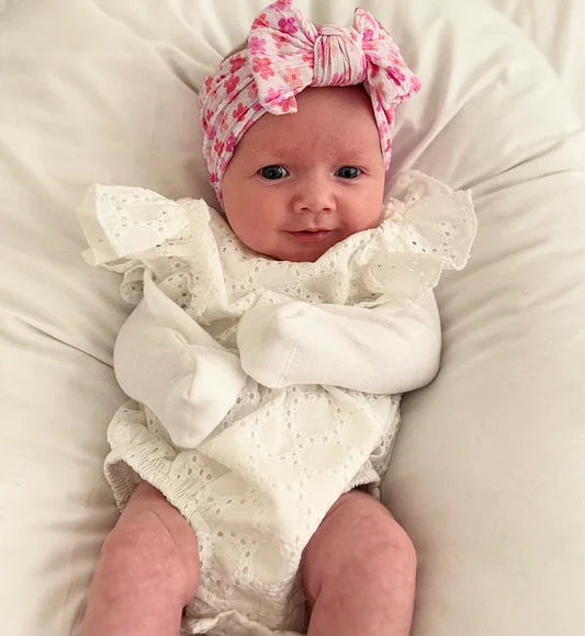 Pink Daisy Pattern Smaller Bow Cable Knit Headband