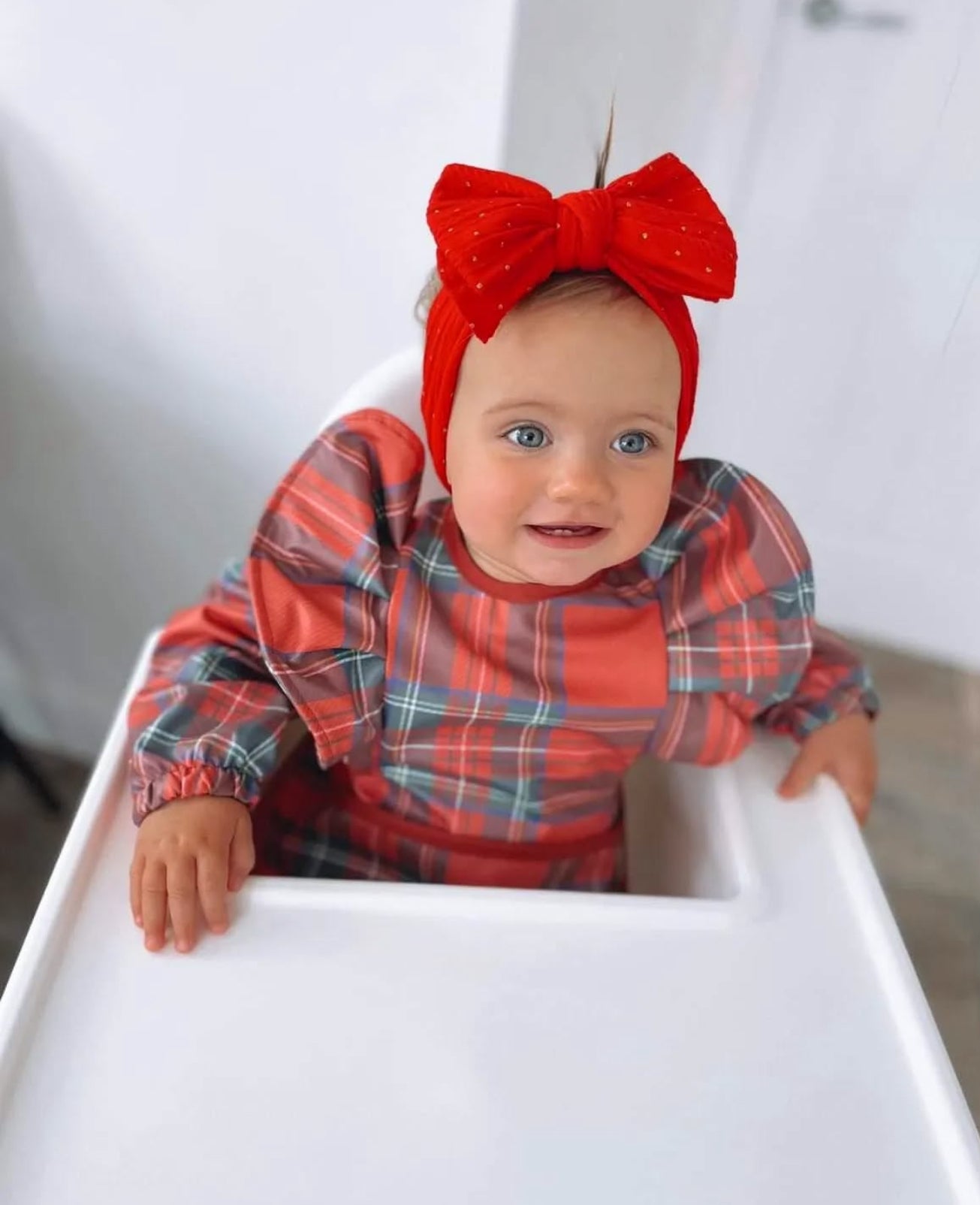 Red Tartan Christmas Pattern Frill Detailed Waterproof Bib with Sleeves