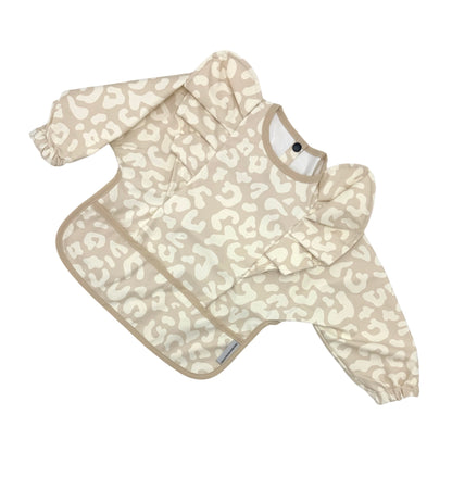 Neutral Leopard Frill Detailed Waterproof Bib with Sleeves