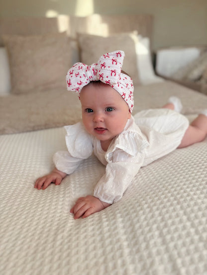 White and Red Bow Pattern Larger Bow Cable Knit Headband - Christmas Collection