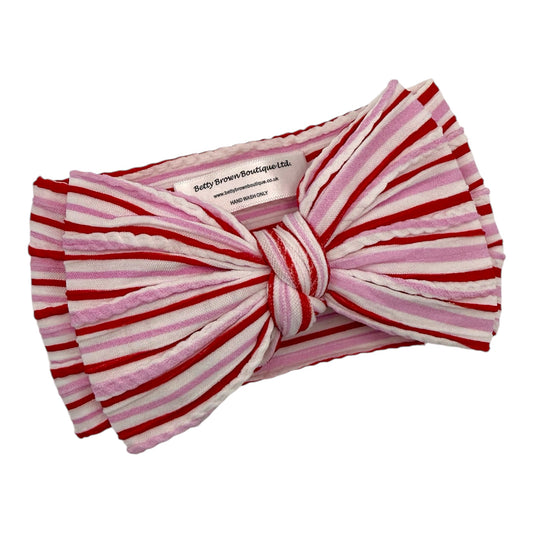 Pink and Red Pinstripe Christmas Pattern Larger Bow Cable Knit Headband - Christmas Collection