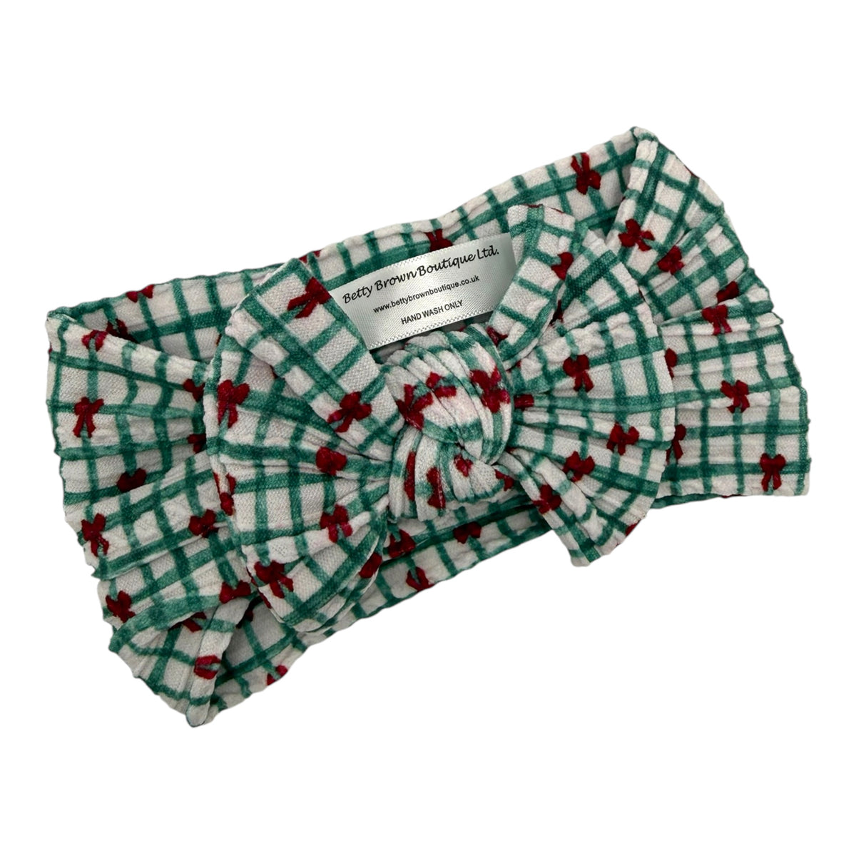 Green Checkered Bow Print Christmas Smaller Bow Cable Knit Headband - Christmas Collection