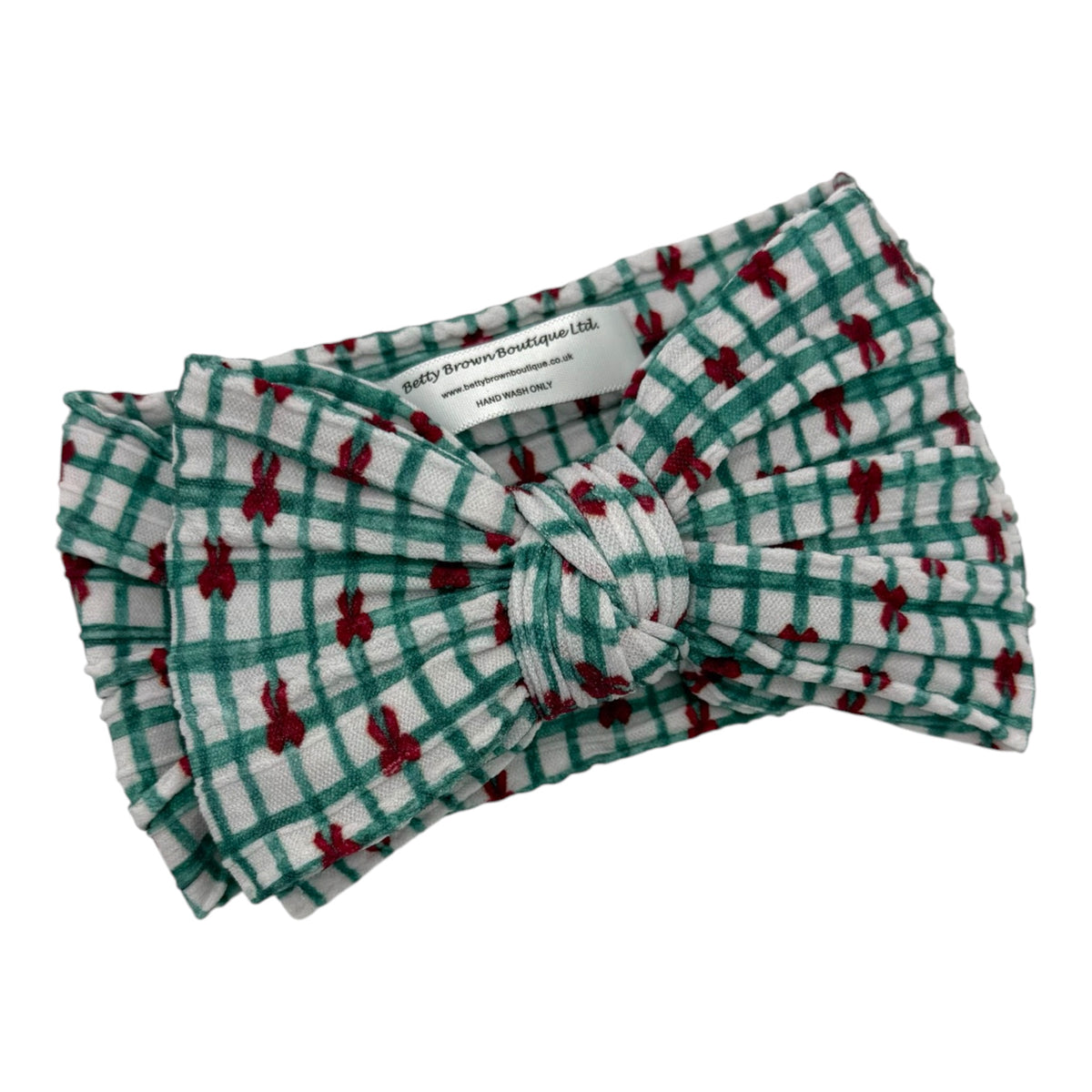 Green Checkered Bow Christmas Pattern Larger Bow Cable Knit Headband - Christmas Collection