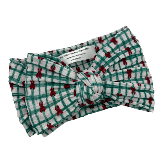 Green Checkered Bow Christmas Pattern Larger Bow Cable Knit Headband - Christmas Collection