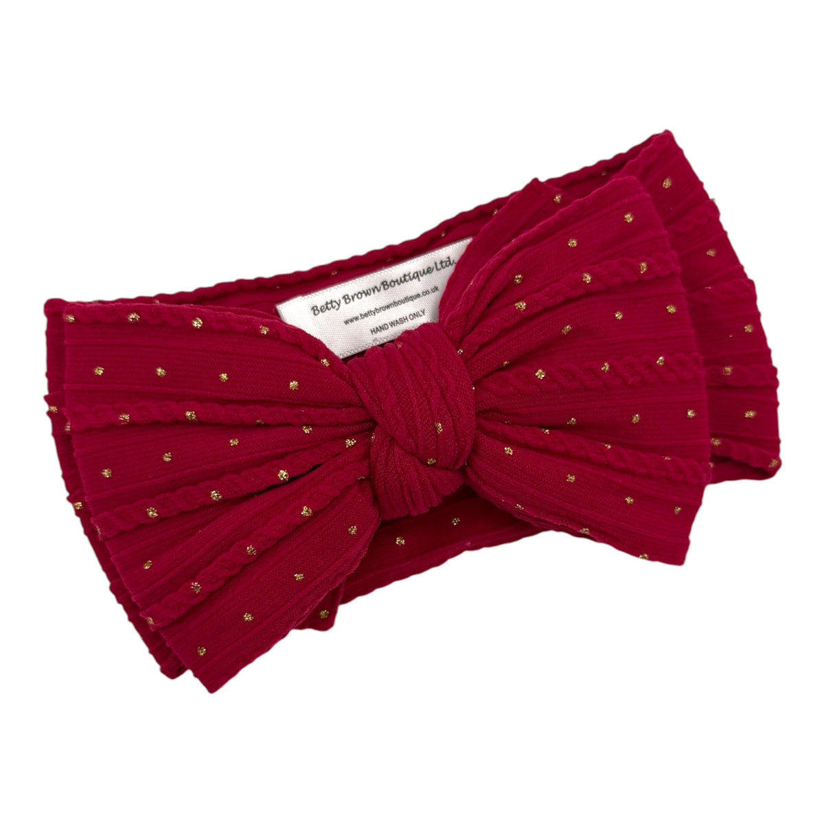 Raspberry Red Gold Spot Larger Bow Cable Knit Headband - Christmas Collection