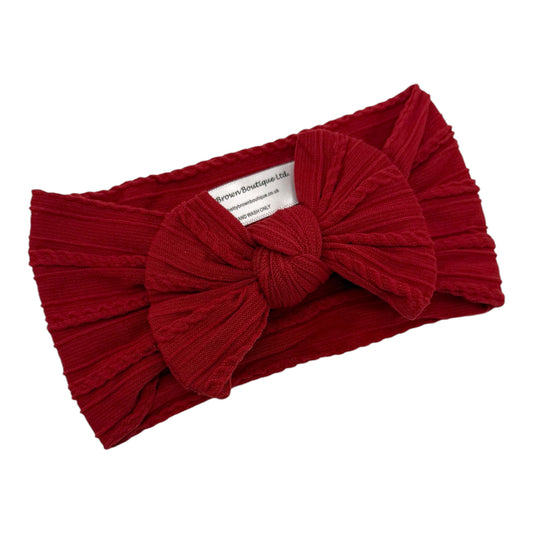 Cranberry Red Cable Knit Smaller Bow Headband - Christmas Collection