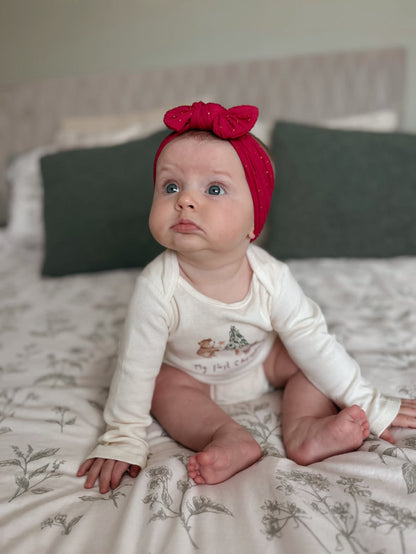 Raspberry Red Cable Knit Gold Spots Smaller Bow Headband - Christmas Collection