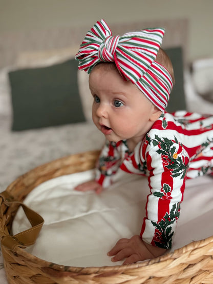 Red and Green Pinstripe Christmas Pattern Larger Bow Cable Knit Headband - Christmas Collection