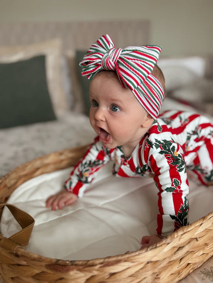 Red and Green Pinstripe Christmas Pattern Larger Bow Cable Knit Headband - Christmas Collection