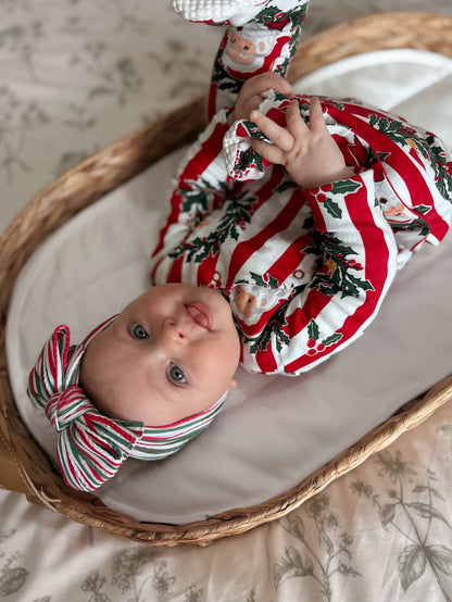 Red and Green Pinstripe Christmas Pattern Larger Bow Cable Knit Headband - Christmas Collection