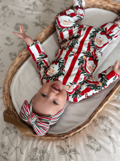 Red and Green Pinstripe Christmas Pattern Larger Bow Cable Knit Headband - Christmas Collection