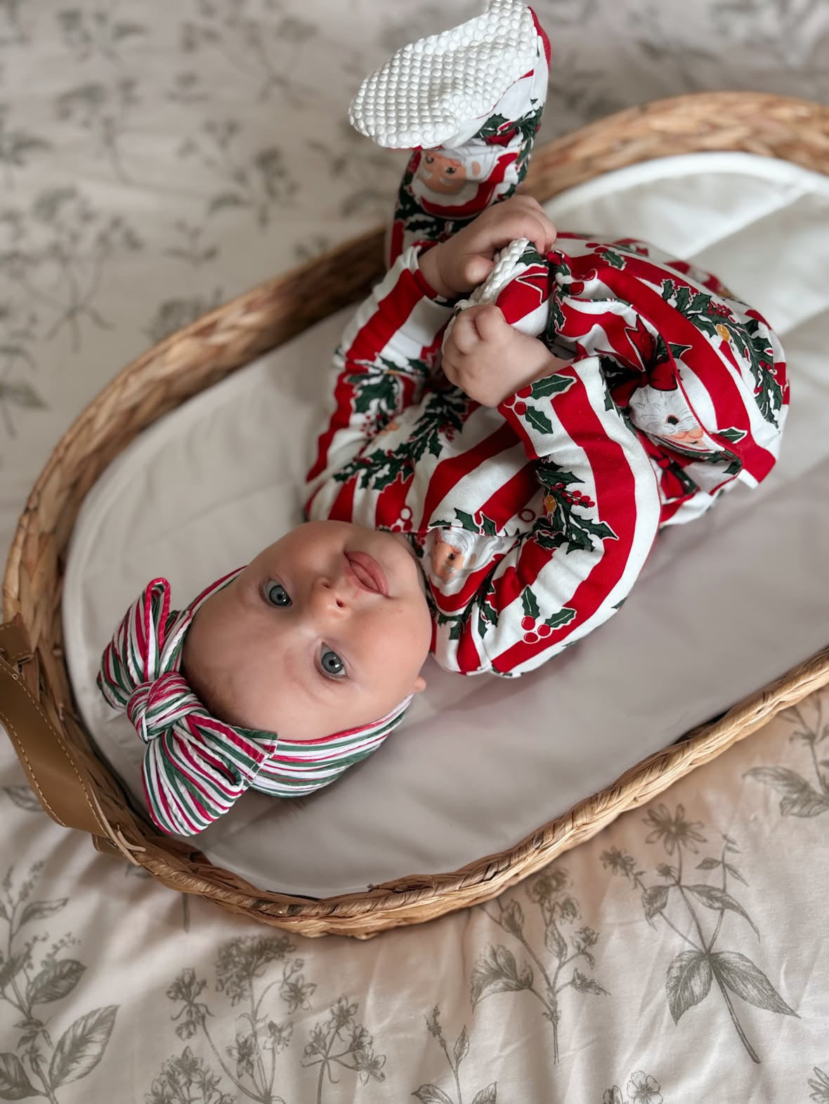 Red and Green Pinstripe Christmas Pattern Larger Bow Cable Knit Headband - Christmas Collection