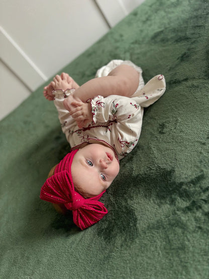 Raspberry Red Gold Spot Larger Bow Cable Knit Headband - Christmas Collection