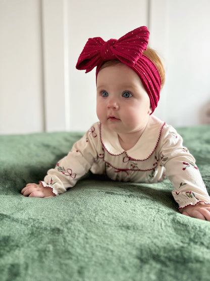 Raspberry Red Gold Spot Larger Bow Cable Knit Headband - Christmas Collection