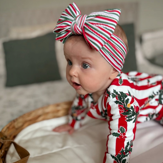 Red and Green Pinstripe Christmas Pattern Larger Bow Cable Knit Headband - Christmas Collection