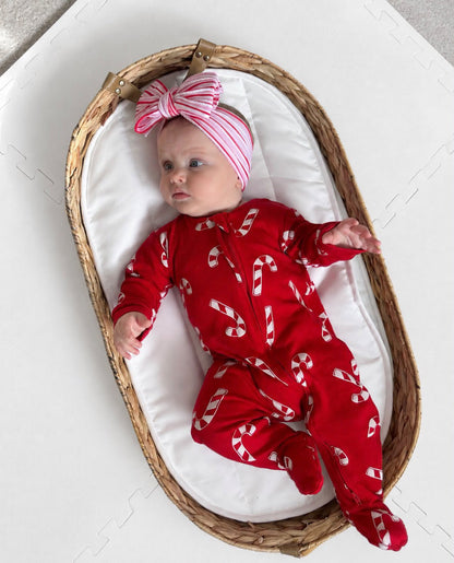 Pink and Red Pinstripe Christmas Pattern Larger Bow Cable Knit Headband - Christmas Collection