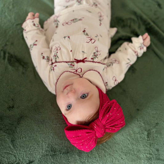 Raspberry Red Gold Spot Larger Bow Cable Knit Headband - Christmas Collection