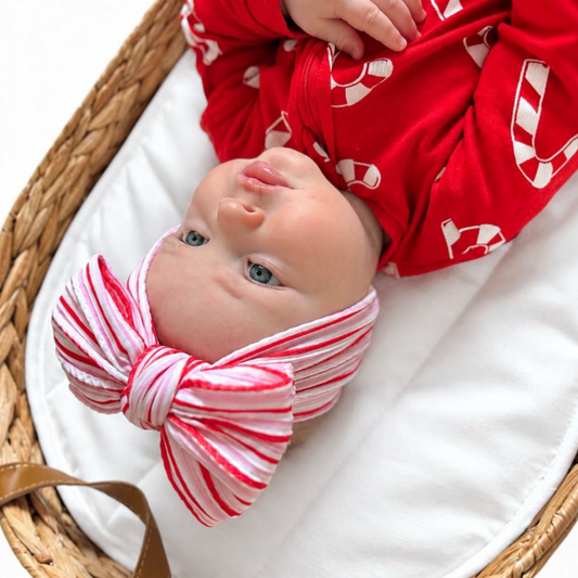 Pink and Red Pinstripe Christmas Pattern Larger Bow Cable Knit Headband - Christmas Collection
