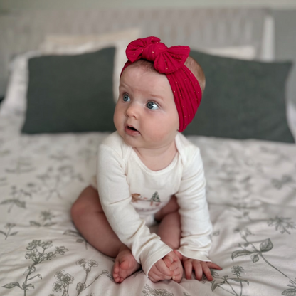 Raspberry Red Cable Knit Gold Spots Smaller Bow Headband - Christmas Collection