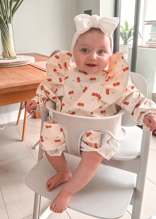 Cream Cherry Pattern Frill Detailed Waterproof Bib with Sleeves