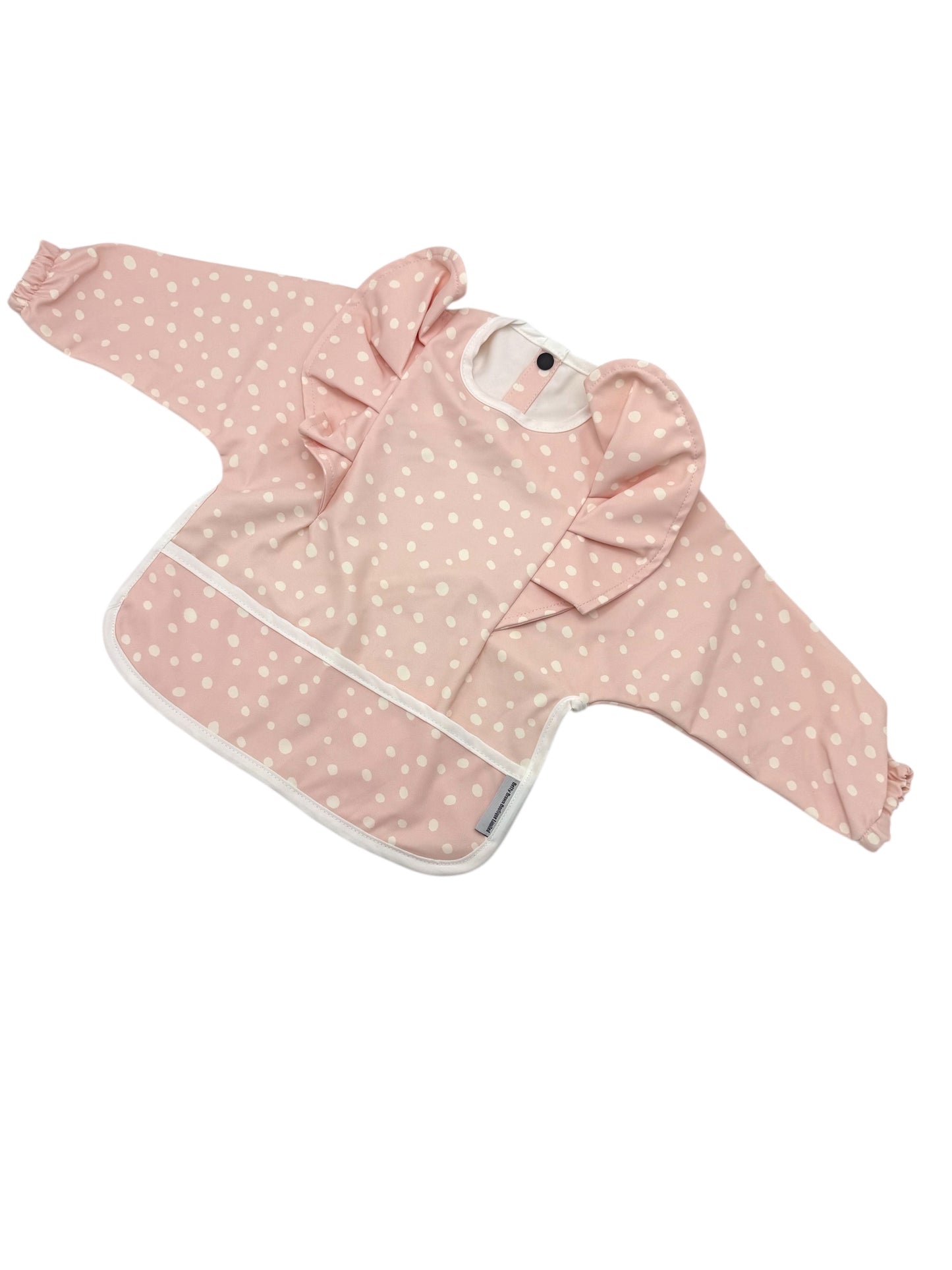 Peachy Pink Polkadot Pattern Frill Detailed Waterproof Bib with Sleeves