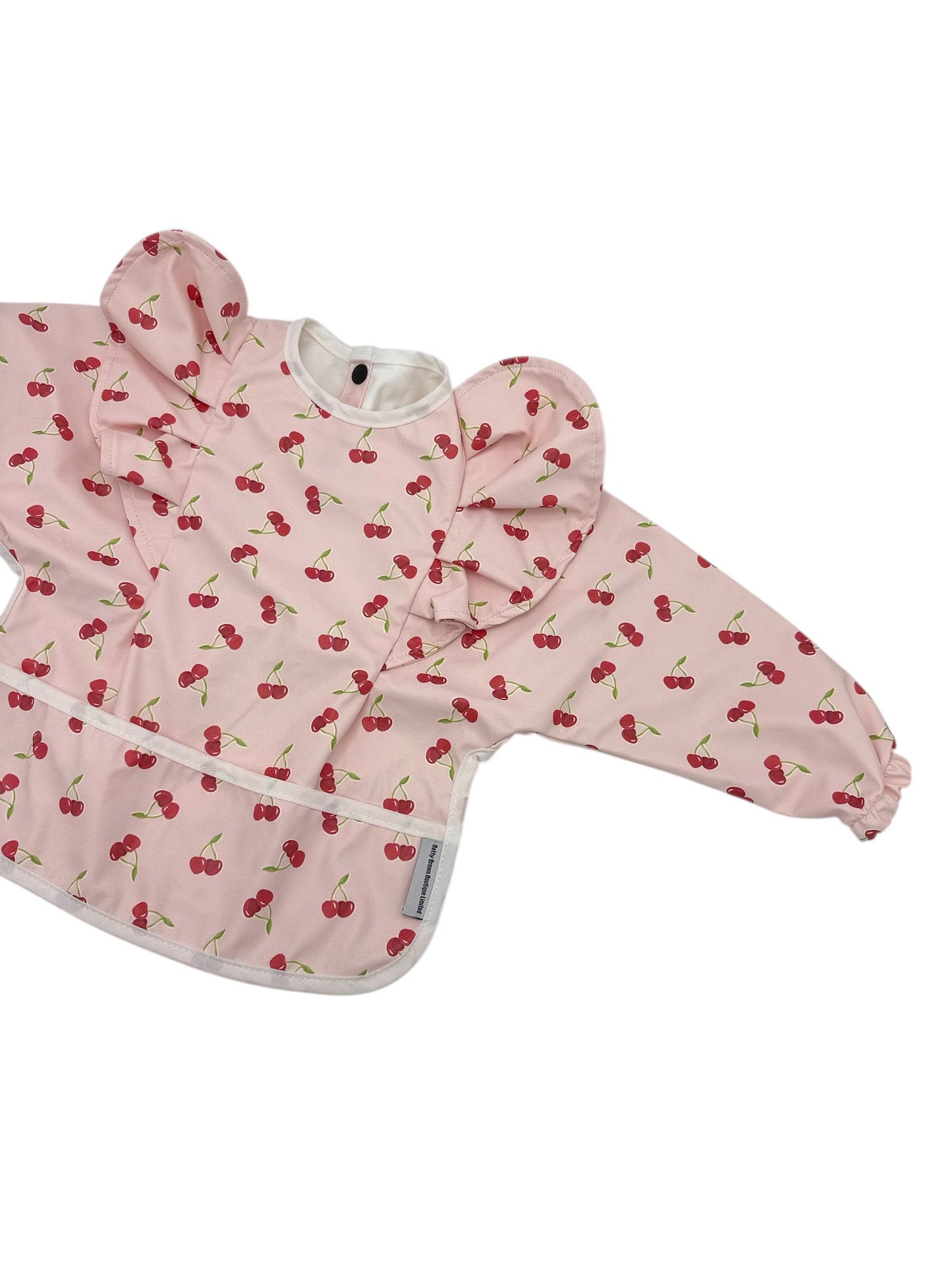 Pink Cherry Pattern Frill Detailed Waterproof Bib with Sleeves