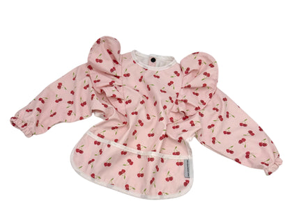 Pink Cherry Pattern Frill Detailed Waterproof Bib with Sleeves